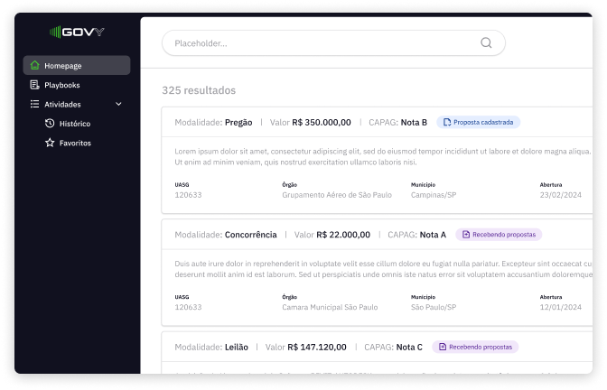 Tela da plataforma de IA para licitações